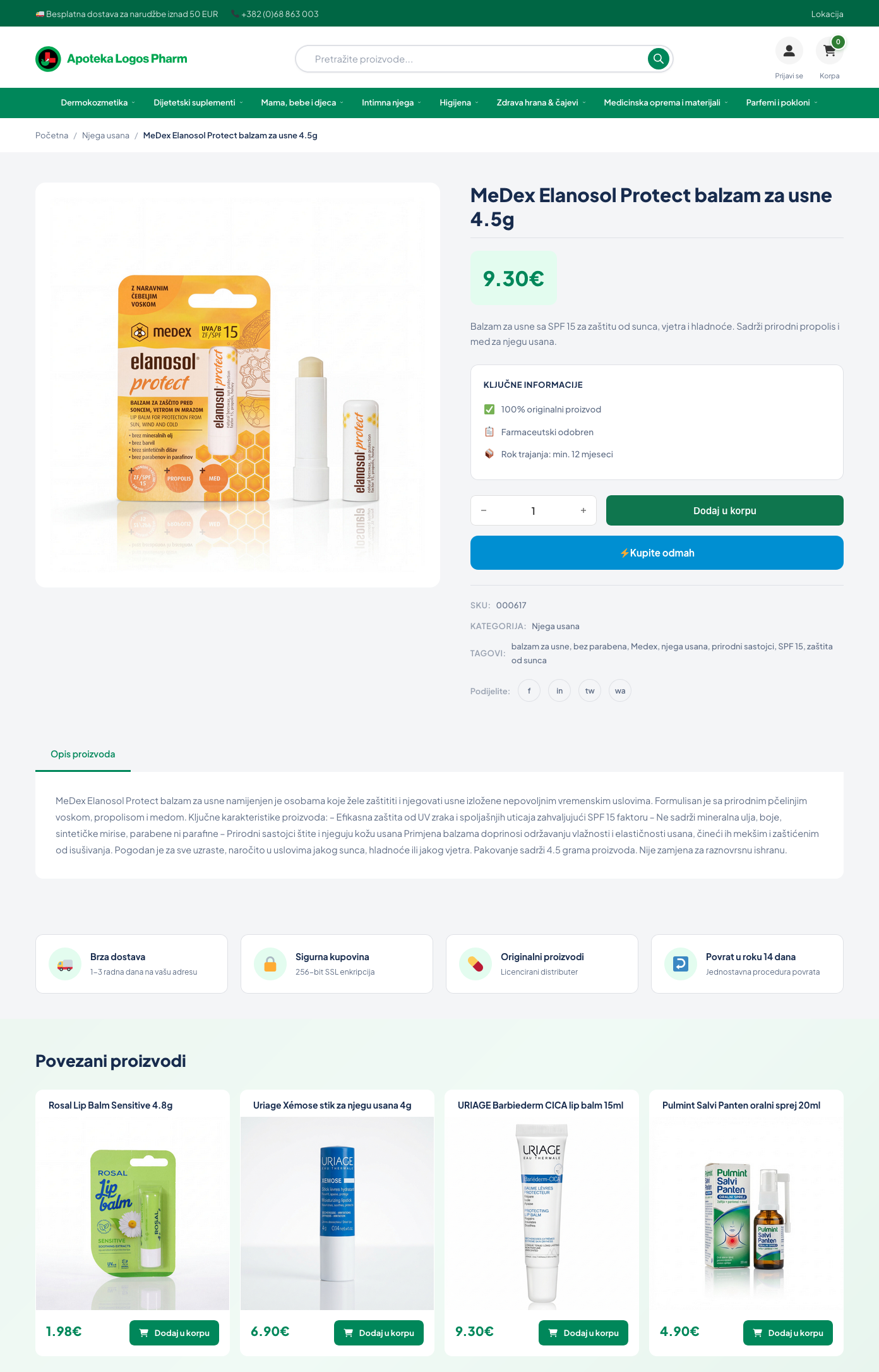 LogosPharm product detail page — single product with image gallery, description, and add to cart