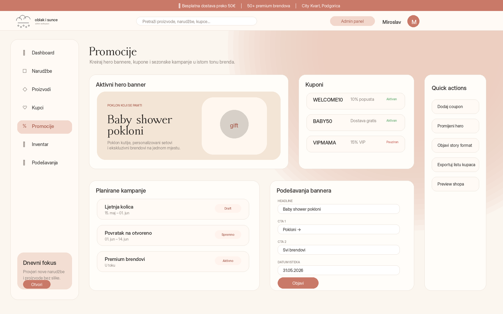Oblak i Sunce admin promotions — banner management, featured products and content scheduling