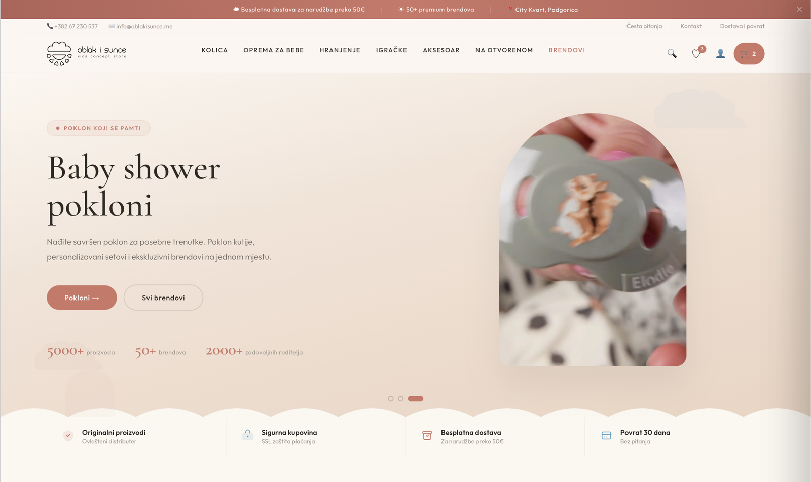 Oblak i Sunce homepage — hero section with arch-framed collection cards and Gift Finder