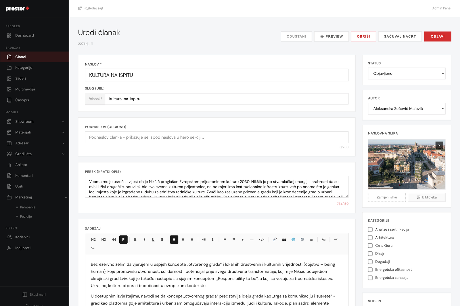 Prostor+ rich text article editor with custom block types and media insertion