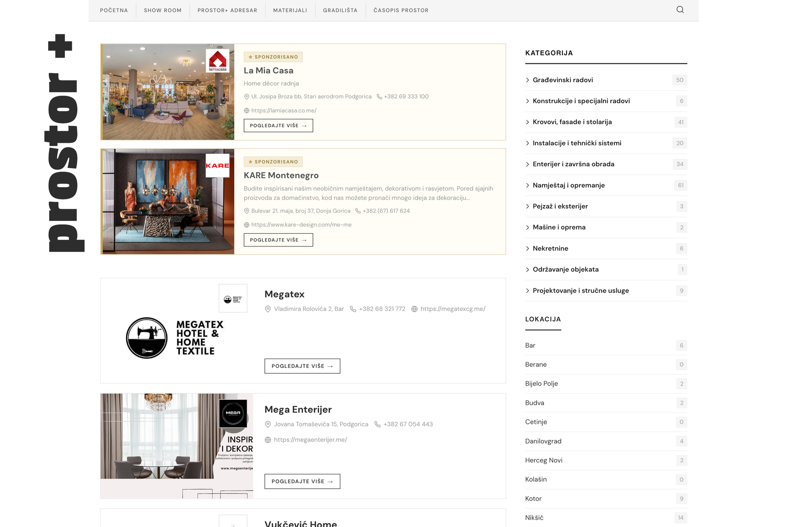 Prostor+ Business Directory — company profiles with contact details and location data