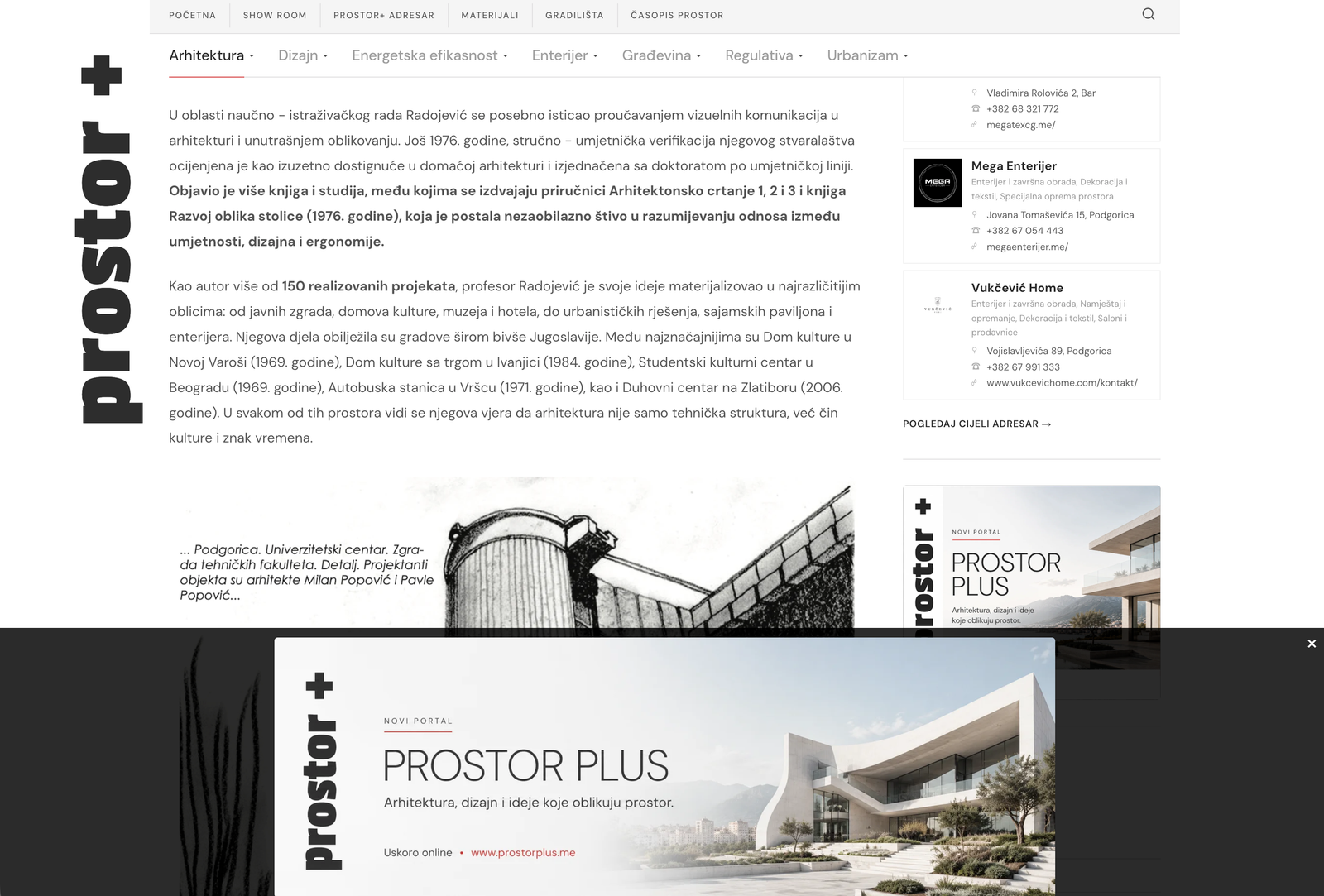 Prostor+ article detail with sidebar navigation and related content