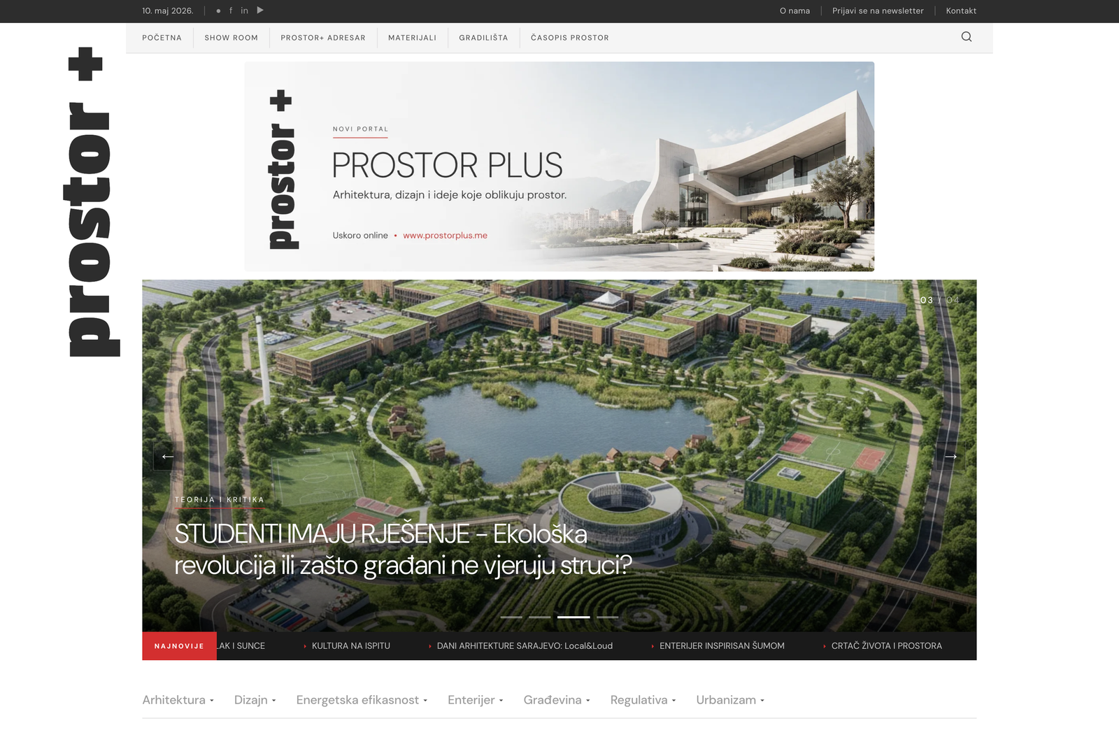 Prostor+ Architecture Portal — live website homepage showing editorial layout, navigation and featured articles