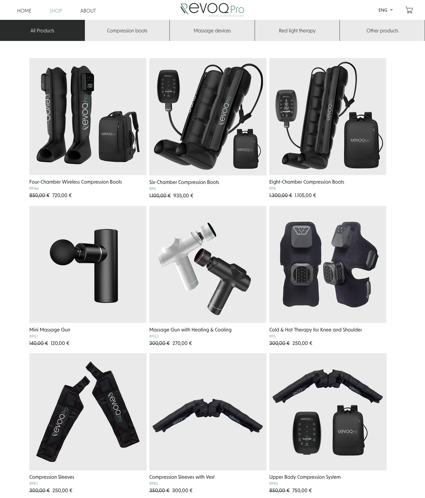 RevoqPro product detail page — compression boots with technical specs and education content
