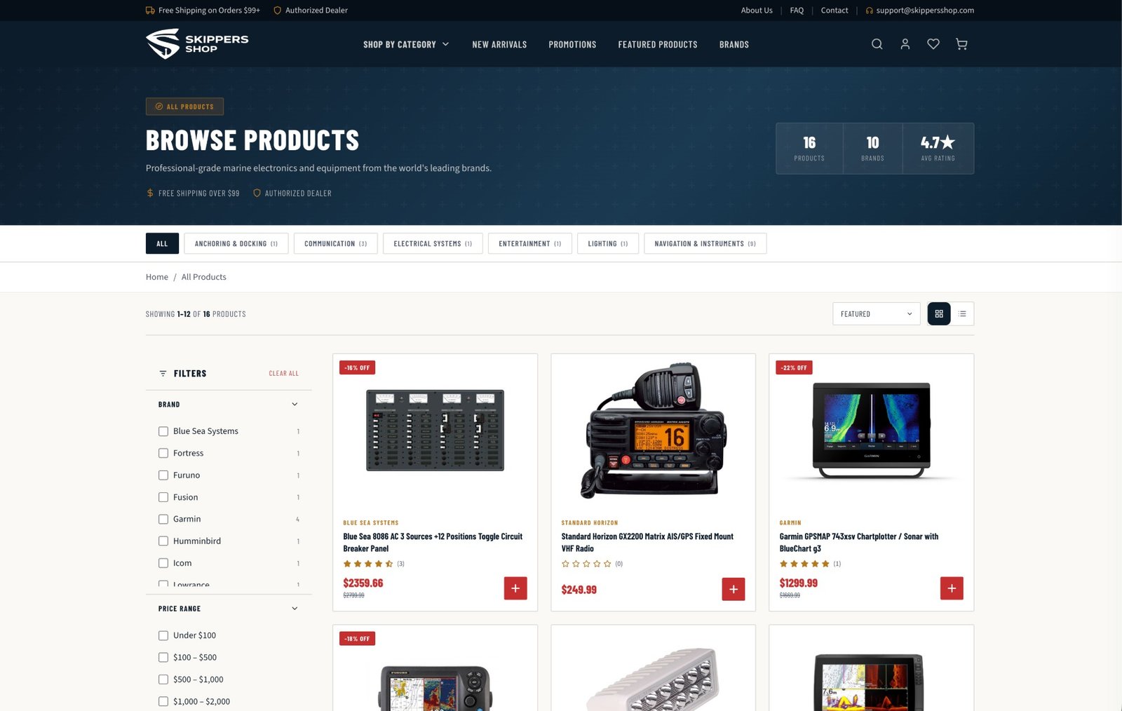 Skippers Shop product listing — brand and price filters, discount badges, grid and list view toggle