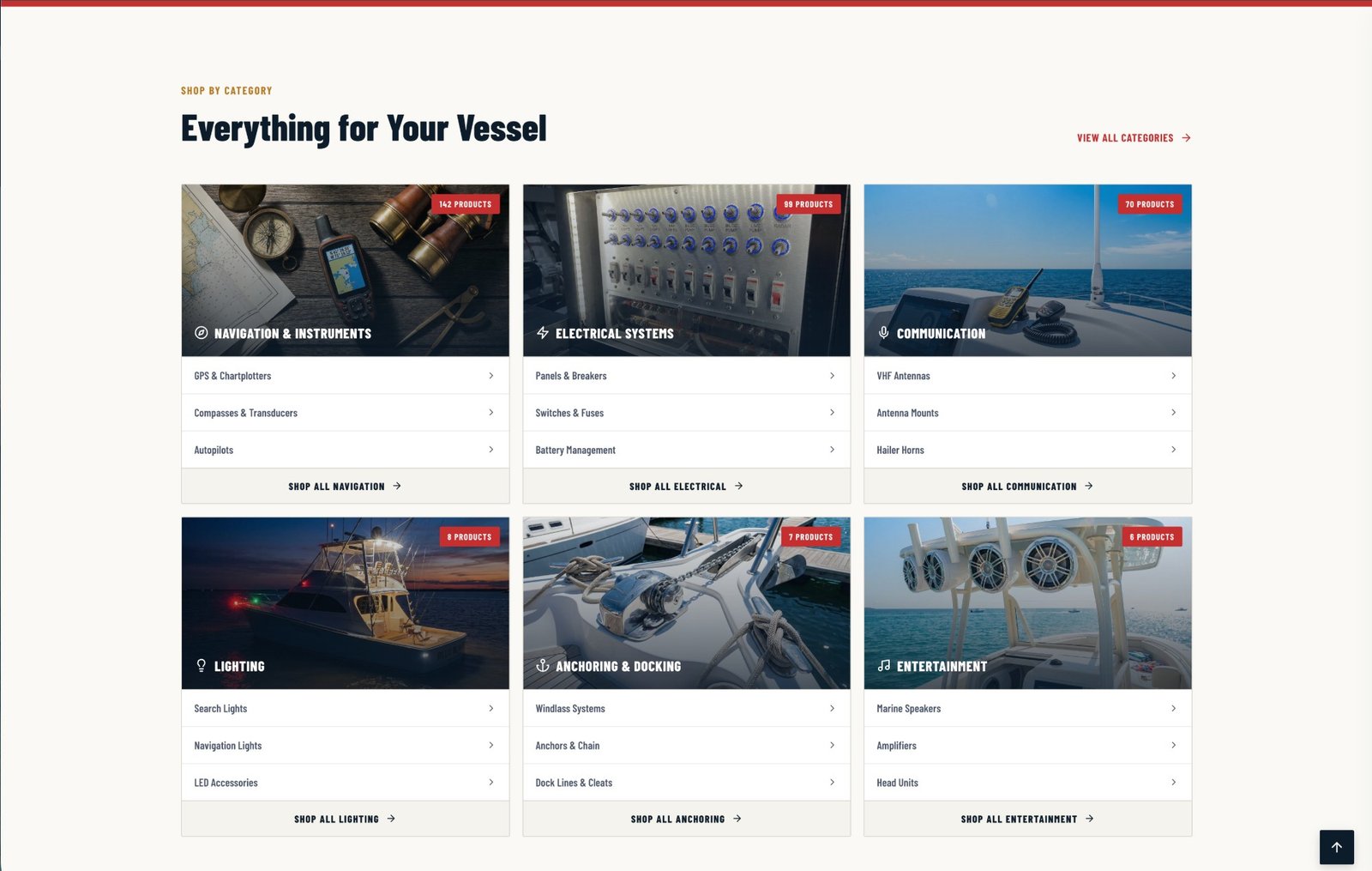Skippers Shop category grid — Everything for Your Vessel with product count badges per category
